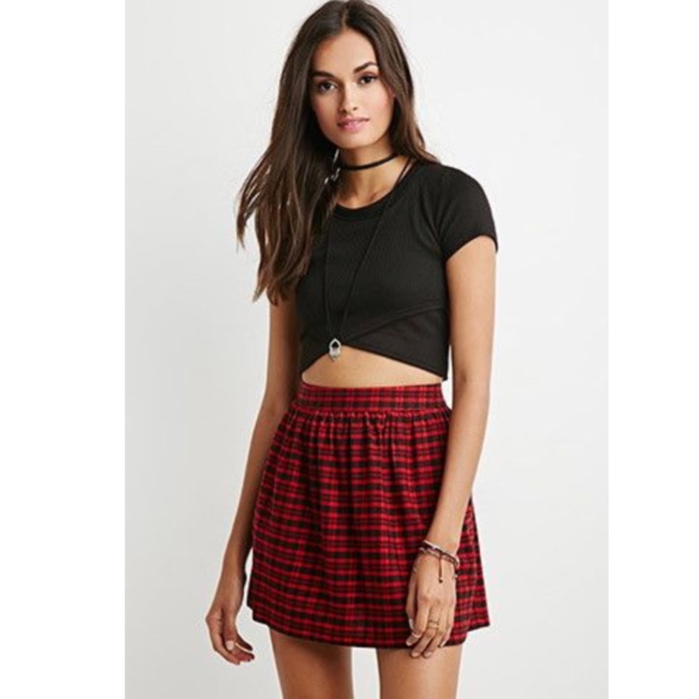 Forever 21 Red & Black Tartan Plaid Flare Skirt